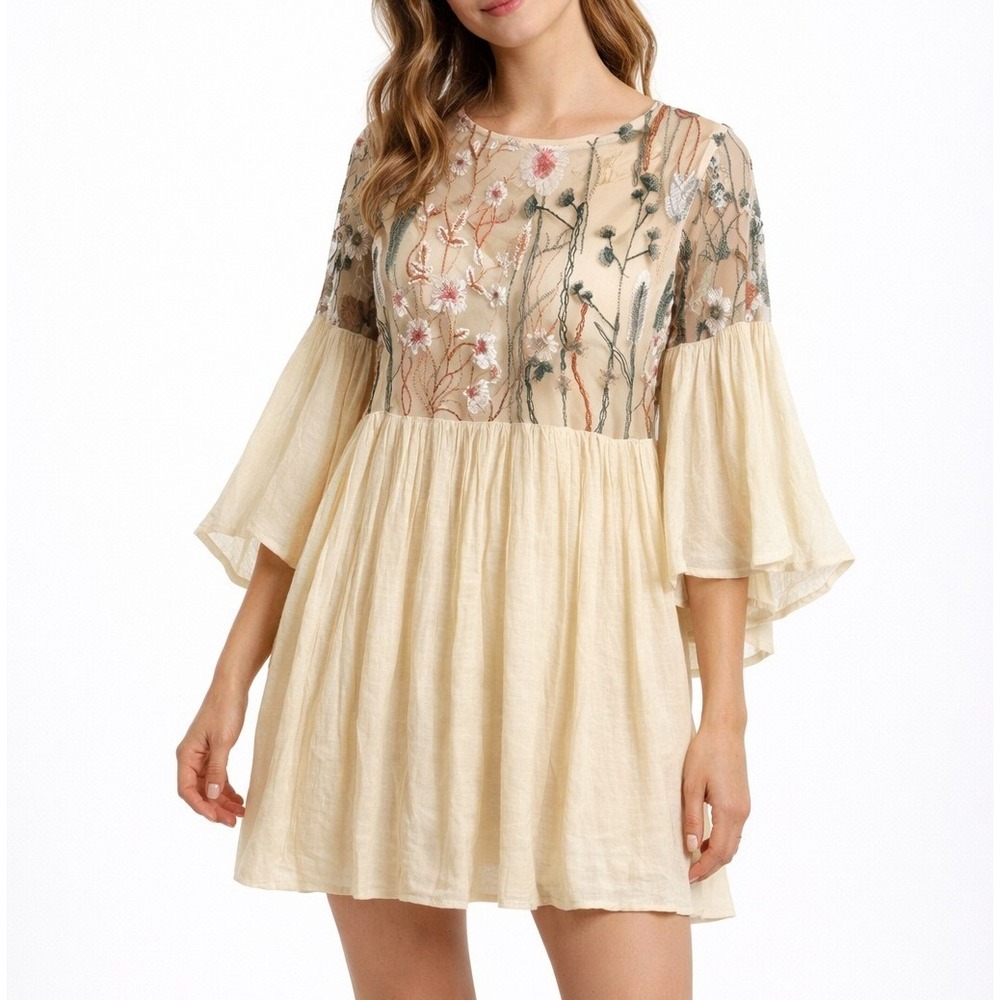 Umgee Fairy Floral Embroidered Mini Dress Bell Sleeve Beige Boho Womens S Flowy